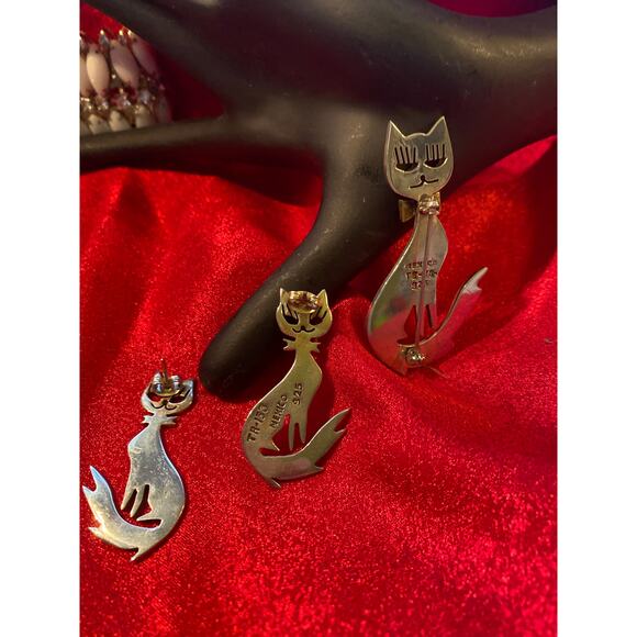 Mexico Sterling Silver Cat Brooch and Earrings - Picture 2 of 4